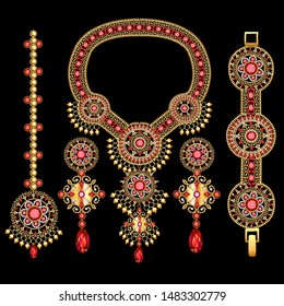 Illustration of jewelry set bracelet earrings and necklace with precious stones.