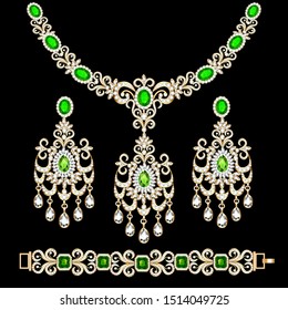 Illustration of jewelry set bracelet earrings and necklace with precious stones.