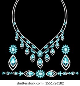 Illustration of jewelry set bracelet earrings and necklace with precious stones.