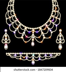 Illustration of jewelry set bracelet earrings and necklace with precious stones.