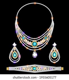 Illustration of jewelry set bracelet earrings and necklace with precious stones.