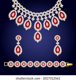 Illustration of jewelry set bracelet earrings and necklace with precious stones.