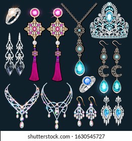 Illustration of a jewelry set with a chain with a pendant, earrings, necklace and tiara and rings with multi-colored precious stones, beads and tassels.