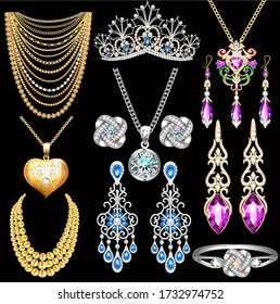 Illustration of a jewelry set with a chain with a pendant, earrings, necklace and tiara  with multi-colored precious stones, beads and pearl.