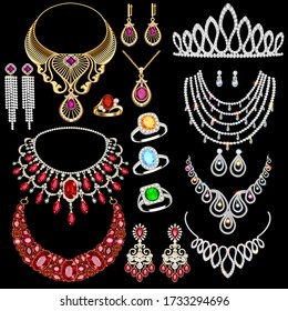 Illustration of a jewelry set with a chain with a pendant, earrings, necklace and tiara  with multi-colored precious stones, beads and pearl.