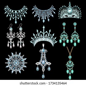 Illustration of a jewelry set with a chain with a pendant, earrings, necklace and tiara  with  precious stones, beads and pearl.