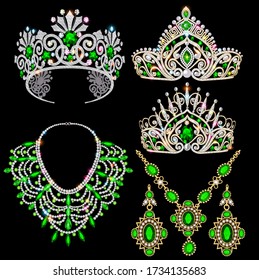 Illustration of a jewelry set with a chain with a pendant, earrings, necklace and tiara  with  precious stones, beads and pearl.