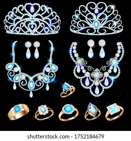 Illustration of a jewelry set with a chain with a pendant, earrings, necklace and tiara  with multi-colored precious stones, beads and pearl.