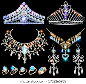 Illustration of a jewelry set with a chain with a pendant, earrings, necklace and tiara  with multi-colored precious stones, beads and pearl.