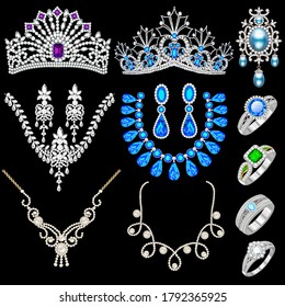 Illustration of a jewelry set with a chain with a pendant, earrings, necklace and tiara and rings with multi-colored precious stones, beads and tassels.