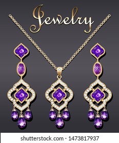 Illustration of jewelry set earrings and pendant with precious stones