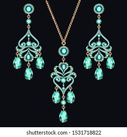 Illustration of jewelry set earrings and pendant with precious stones