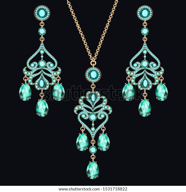 宝石類セットのイヤリングと宝石付きペンダントのイラスト のベクター画像素材 ロイヤリティフリー