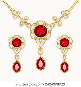 Illustration of a jewelry set of gold earrings with a pendant with precious stones