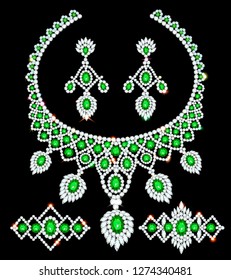 Illustration of jewelry set necklace, earrings and bracelets with emeralds and diamonds