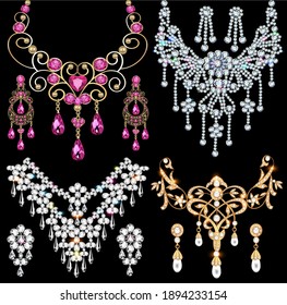 Illustration of jewelry set of necklace and earrings from precious stones