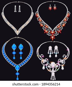 Illustration of jewelry set of necklace and earrings from precious stones