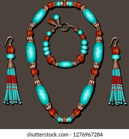 Illustration of jewelry set with turquoise earrings, necklace and beaded bracelet blue and brown with tassels