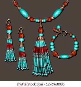 Illustration of jewelry set with turquoise earrings, necklace and beaded bracelet blue and brown with tassels