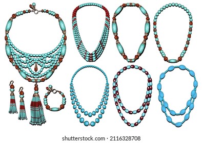 Illustration of jewelry set with turquoise earrings, necklace and beaded bracelet blue and brown with tassels