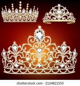 Illustration jewelry set of wedding beautiful tiaras, crowns, golden tiaras with precious stones 