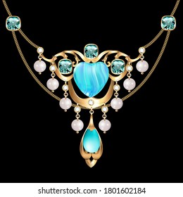 Illustration of a jewelry women's gold necklace with precious stones and pearls