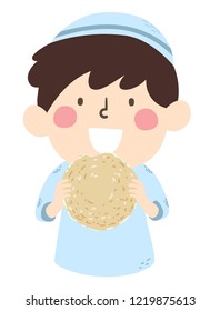 Illustration of a Jewish Kid Boy Eating a Matzah, a Round Flat Bread During Passover