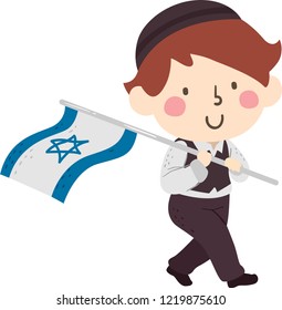 Illustration of a Jewish Kid Boy Holding a Flag of Israel