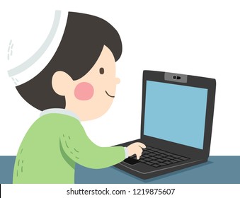 Illustration of a Jewish Kid Boy Student Typing and Using a Laptop