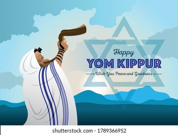 An Illustration Of Jewish Man Blowing The Shofar Ram’s Horn On Rosh Hashanah And Yom Kippur Celebration Day
