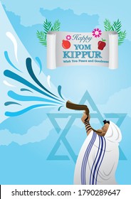 An illustration of Jewish man blowing the Shofar ram’s horn on Rosh Hashanah and Yom Kippur celebration day