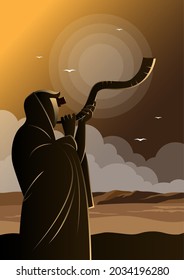 Ilustración de un hombre judío haciendo estallar el cuerno de carnero Shofar en el día de celebración de Rosh Hashanah y Yom Kippur