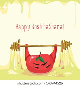 Illustration for the Jewish New Year - Rosh ha-Shana. Apple raises the barbell - honey dipper.