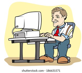 Illustration of a Jewish rabbi sitting at the computer. Ideal for educational and institutional training materials