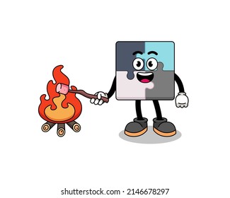 Illustration of jigsaw puzzle burning a marshmallow , character design