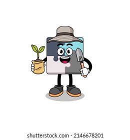 Illustration of jigsaw puzzle cartoon holding a plant seed , character design