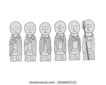 Illustration of Jizo Bodhisattva, a Buddhist statue worshipped in Buddhism, standing in a row in various poses