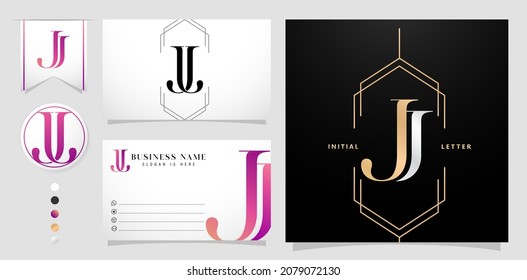 illustration of JJ initial letter and graphic name, JJ logo for Wedding couple monogram, logo company and business name card, with black white color, gold and gradient purple color isolated background