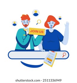 Illustration of job hiring with a man and woman invite to join our team