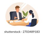 Illustration of Job Interview and Candidate Assessment. A manager and a candidate are seated across a desk, engaged in a formal job interview. This visual represents recruitment and HR processes