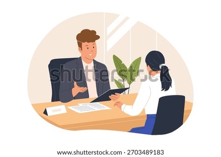 Illustration of Job Interview and Candidate Assessment. A manager and a candidate are seated across a desk, engaged in a formal job interview. This visual represents recruitment and HR processes