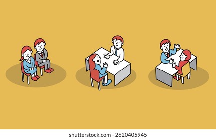 
Illustration of a job interview. Candidates waiting their turn and the person interviewing them
