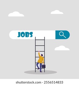 Illustration of job search concept. Man climbing stairs to get a job with professional job search engine