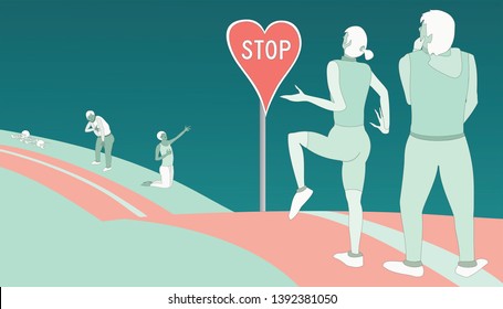 Illustration Of A Jogging Couple Near The Heart Shaped Stop Sign And Two People In The Distance, Having Heart Attack, Standing Near The Pile Of Human Bones