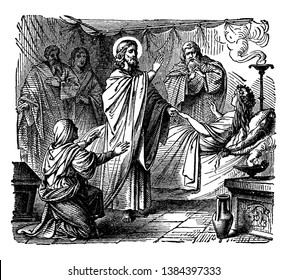Illustration of John is the Baptist wearing a camel hair garnet and holding a cup. A cross can barely be seen in the shadow at the left side of the illustration, vintage line drawing or engraving