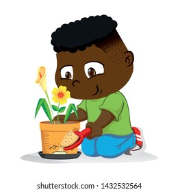 Illustration john, children's mascot, putting sand in a place with stagnant water, dengue and disease stilts transmitter. Ideal for training and sanitation materials