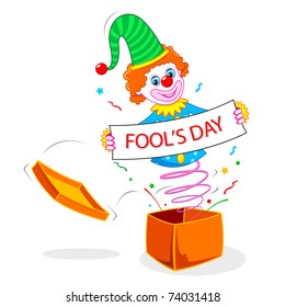 illustration of joker wishing fool's day popping out of gift box