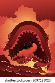 Illustration of Jonah about to be swallowed by the big fish. Biblical Series