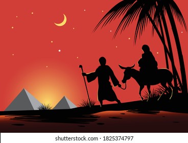 An illustration of Joseph and his family fled into Egypt