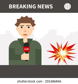 Illustration of a journalist broadcasting from a war zone. Live news vector illustration. Vector character.